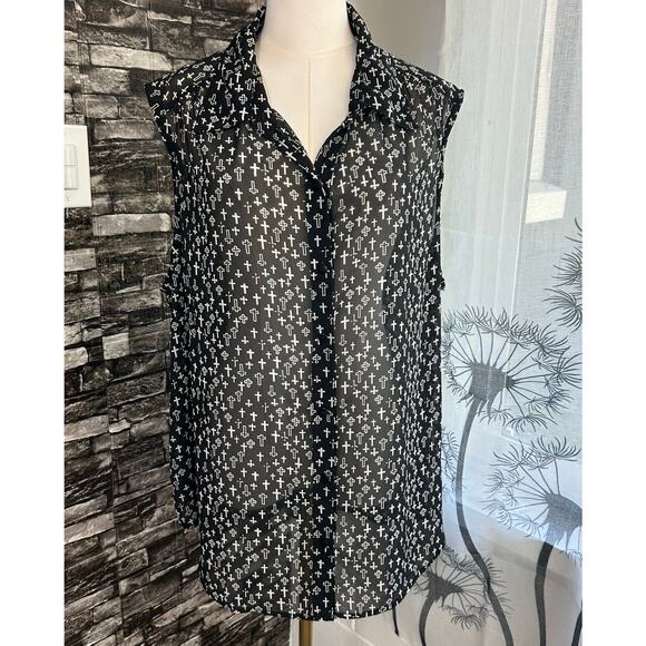 FUN & FLIRT Semi-Sheer Blouse Black W/ White Crosses Religious Punk Grunge Goth - Picture 1 of 8